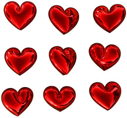 Fototapeta premium Set of red 3D Metallic hearts isolated on a white background. Love concept.3D illustration. 