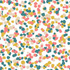 Seamless spray spots texture. Colorful grain background. Bright paint splash repeating pattern. Speckles effect. Splattered particles, splashes, drops wallpaper. Vector