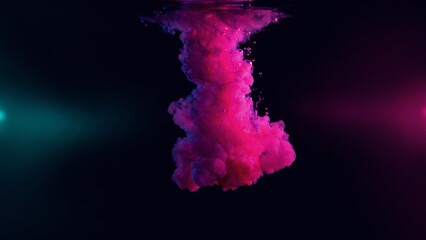 Fototapeta premium magenta and cyan smoke on black background colored liquids with lights in photography studio and water