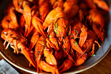 an appetizer with beer from whole boiled river crayfish.