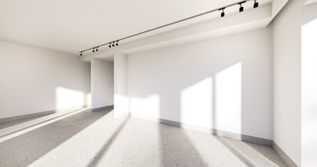 Fototapeta Wnętrze, pusty pokój z białymi ścianami i czarnymi dodatkami. Nowoczesna podłoga, zieleń za oknami. 3d rendering. Wizualizacja 3d. obraz