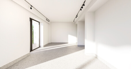 Fototapeta Wnętrze, pusty pokój z białymi ścianami i czarnymi dodatkami. Nowoczesna podłoga, zieleń za oknami. 3d rendering. Wizualizacja 3d. obraz