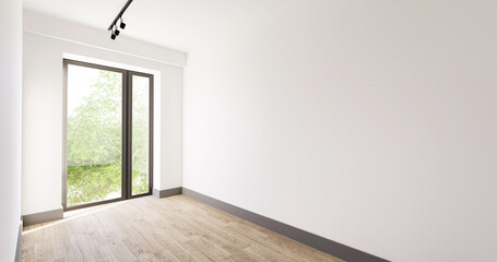 Fototapeta na wymiar Wnętrze, pusty pokój z białymi ścianami i czarnymi dodatkami. Nowoczesna podłoga, zieleń za oknami. 3d rendering. Wizualizacja 3d.