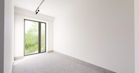 Wnętrze, pusty pokój z białymi ścianami i czarnymi dodatkami. Nowoczesna podłoga, zieleń za oknami. 3d rendering. Wizualizacja 3d. - obrazy, fototapety, plakaty