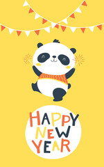 Christmas card with Chinese panda with sparklers. Happy new year. Vector cartoon illustration in simple childish hand drawn cartoon style. The limited palette is ideal for printing.