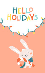 Christmas card with a little bunny with candy. Hello holidays. Vector cartoon illustration in simple childish hand drawn cartoon style. The limited palette is ideal for printing.
