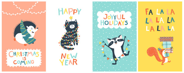 Fototapeta na wymiar Christmas cards set with cute animals and funny inscriptions. Vector cartoon illustration in simple childish hand drawn cartoon style. The limited palette is ideal for printing.