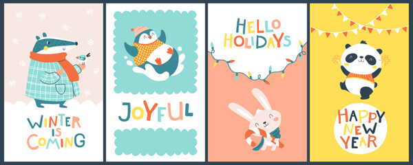 Fototapeta premium Christmas cards set with cute animals and funny inscriptions. Vector cartoon illustration in simple childish hand drawn cartoon style. The limited palette is ideal for printing.
