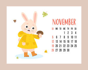 November 2023 calendar. Cute bunny in raincoat and rubber boots with mushroom on white background with autumn leaves. Vector illustration. horizontal Template. Week from Sunday In English.