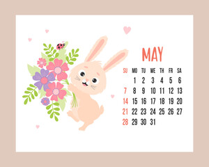May 2023 calendar planner. Cute bunny with bouquet of flowers and ladybug. Vector illustration. Horizontal Template. Week from sunday In English. 2023 year rabbit to Chinese zodiac.