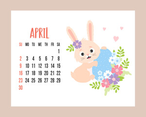 April 2023 calendar. Cute easter bunny with easter egg and flowers. Vector illustration. horizontal Template. Week from Sunday In English. rabbit is symbol 2023 year.