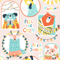 Obraz premium Christmas seamless pattern with cute animals on a beige background with comical phrases. Vector doodle illustration in simple childish hand drawn cartoon scandinavian style. Limited palette.
