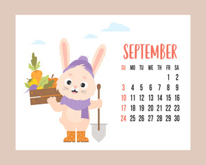 September 2023 calendar. Cute bunny farmer in knitted clothes and rubber boots with shovel and harvest of vegetables in wooden box. Vector illustration. horizontal Template. Week from Sunday. English.