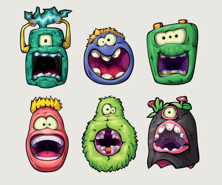 colorful monster faces in set on white