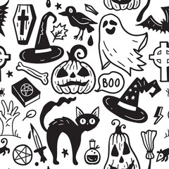 Monochrome seamless pattern of horror Halloween hand drawn doodle elements. Halloween background of magic elements. Pumpkins, ghost, skull, black cat, pot, hat.