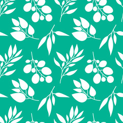 Seamless vector pattern with leaves and branches. White floral elements on a green background. 