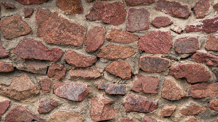 Natural stone wall background texture, showing a clearly brick-built natural stone wall with different size stones in brown and gray color. The stone wall constructed by gray wall
