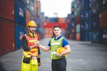 businessman person or engineer and foreman wearing safety helmet are talking about business manager job for logistic shipping transportation at cargo container yard, warehouse control industry work