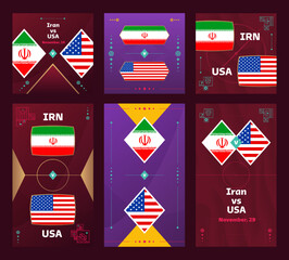 Iran vs USA Match. World cup Football 2022 vertical and square banner set for social media. 2022 Football infographic. Group Stage. Vector illustration announcement