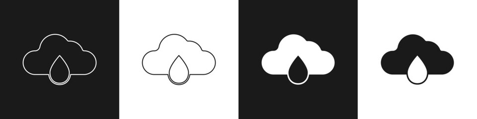 Set Cloud with rain icon isolated on black and white background. Rain cloud precipitation with rain drops. Vector