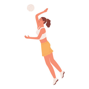 Woman playing volleyball. Player kick ball with hand while jumping up. Active sport with ball.