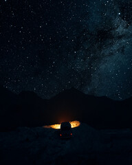 Car in the mountains. Milky Way