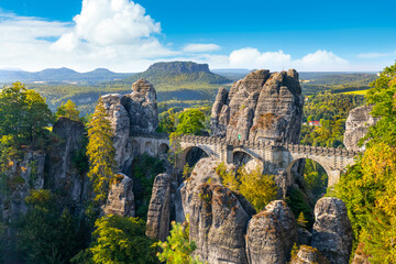Panorama view of the Bastei. The Bastei is a famous rock formation in Saxon Switzerland National...