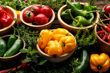 Colorful peppers in a bowls  and fresh herbs on a wooden table, focus on the peppers inside 