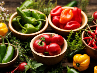 Various types and colors peppers in a bowls  and fresh herbs on a wooden table, close up view