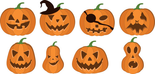 Vector set of Halloween pumpkins with Jack-O-Lantern face in cartoon style. The main symbol of the Happy Halloween holiday.