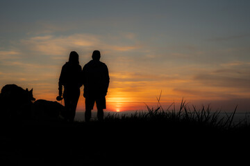 Fototapeta na wymiar romantic sunset overlooking the sea with your inseparable pets