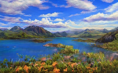 Naklejka na ściany i meble Fantastic Epic Magical Landscape of Mountains. Summer nature. Mystic Valley, tundra, forest. Gaming assets. Celtic Medieval RPG background. Rocks and grass. Beautiful sky and clouds. Lake and river