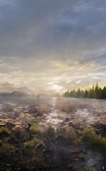 Fototapeta na wymiar Fantastic Epic Magical Landscape of Mountains. Summer nature. Mystic Valley, tundra, forest. Gaming assets. Celtic Medieval RPG background. Beautiful sky and clouds. 