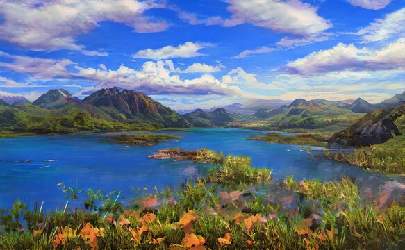 Fantastic Epic Magical Landscape of Mountains. Summer nature. Mystic Valley, tundra, forest. Gaming assets. Celtic Medieval RPG background. Rocks and grass. Beautiful sky and clouds.	Lake and river