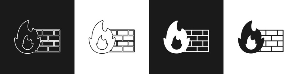 Set Firewall, security wall icon isolated on black and white background. Vector