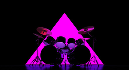 Obraz na płótnie Canvas Drum set against a luminous purple pyramid in retro style. 3D Render
