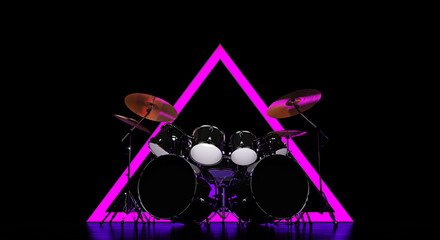 Drum set against a luminous purple pyramid. Brutal drum set against the backdrop of the pyramid. 3D Render