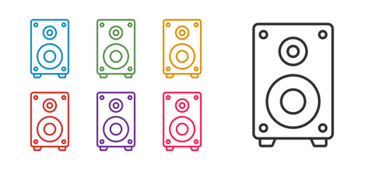 Set line Stereo speaker icon isolated on white background. Sound system speakers. Music icon. Musical column speaker bass equipment. Set icons colorful. Vector