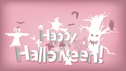 Happy Halloween greeting card on pastel pink background. Creative vector background minimal concept.