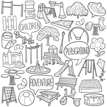 Playground Doodle Icons. Hand Made Line Art. Kids Zone Clipart Logotype Symbol Design.