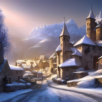 Ancient medieval village on a sunny day in a snow covered landscape