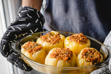 stuffed paprika bell peppers with minced meat and rice baked