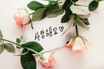 I love you - card with korean text and rose flowers on white background