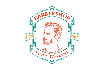 Retro Vintage Man Male Masculine Head for Barbershop Haircut Salon Style Badge Emblem Label Logo Design