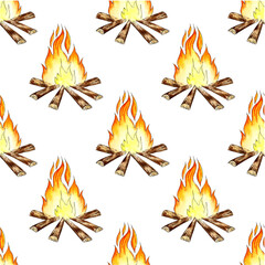 Watercolor illustration of campfire pattern. Orange and yellow flames. For the design of design compositions on the theme of tourism, hiking, outdoor recreation. isolated on white background.