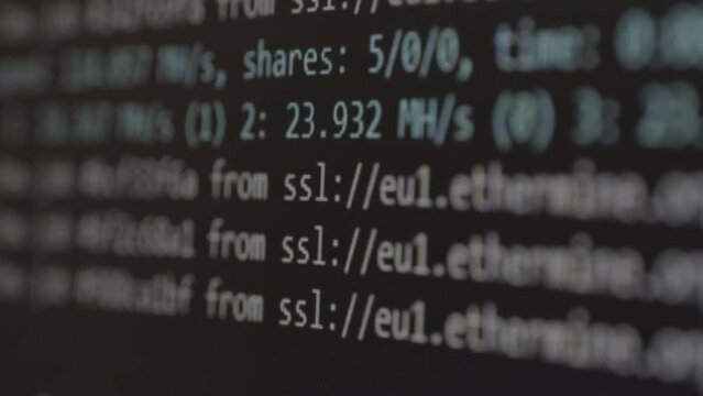 Mining Bitcoin, Dogecoin, and Ethereum Proof-of-Work using the command line. The console shows real-time hash rates, block confirmations, and mining pool connections for multiple cryptocurrencies