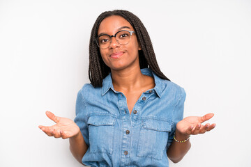 black young adult woman feeling puzzled and confused, unsure about the correct answer or decision,...