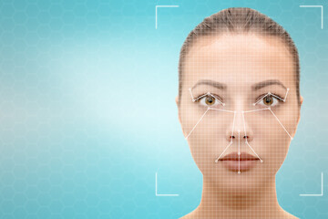 Authentication by facial recognition concept. Biometric security system.