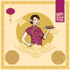 Mid Autumn Festival Girl brings a plate of sweet Moon Cakes from asian or oriental cultures