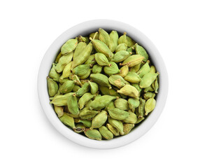 Dry cardamom pods in bowl isolated on white, top view